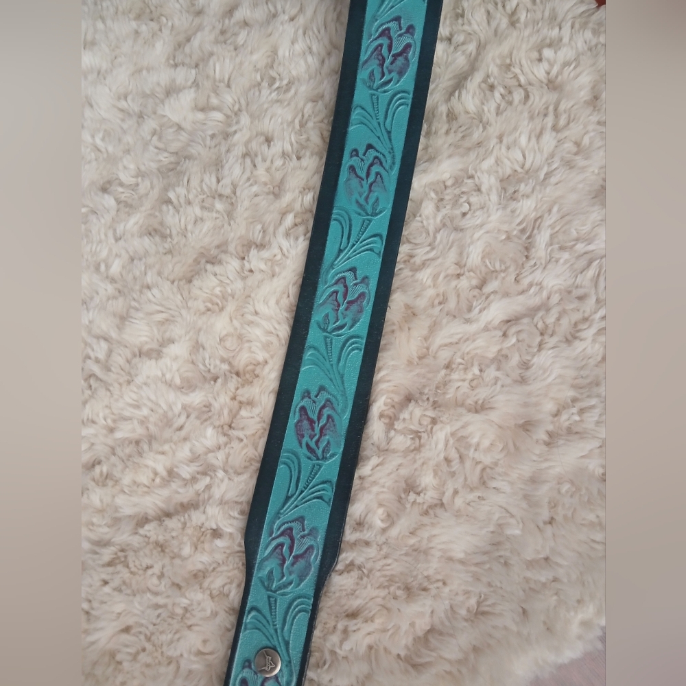 💎 VACCARI Women's Turquoise Tooled Leather Belt NO BUCKLE - Picture 4 of 11